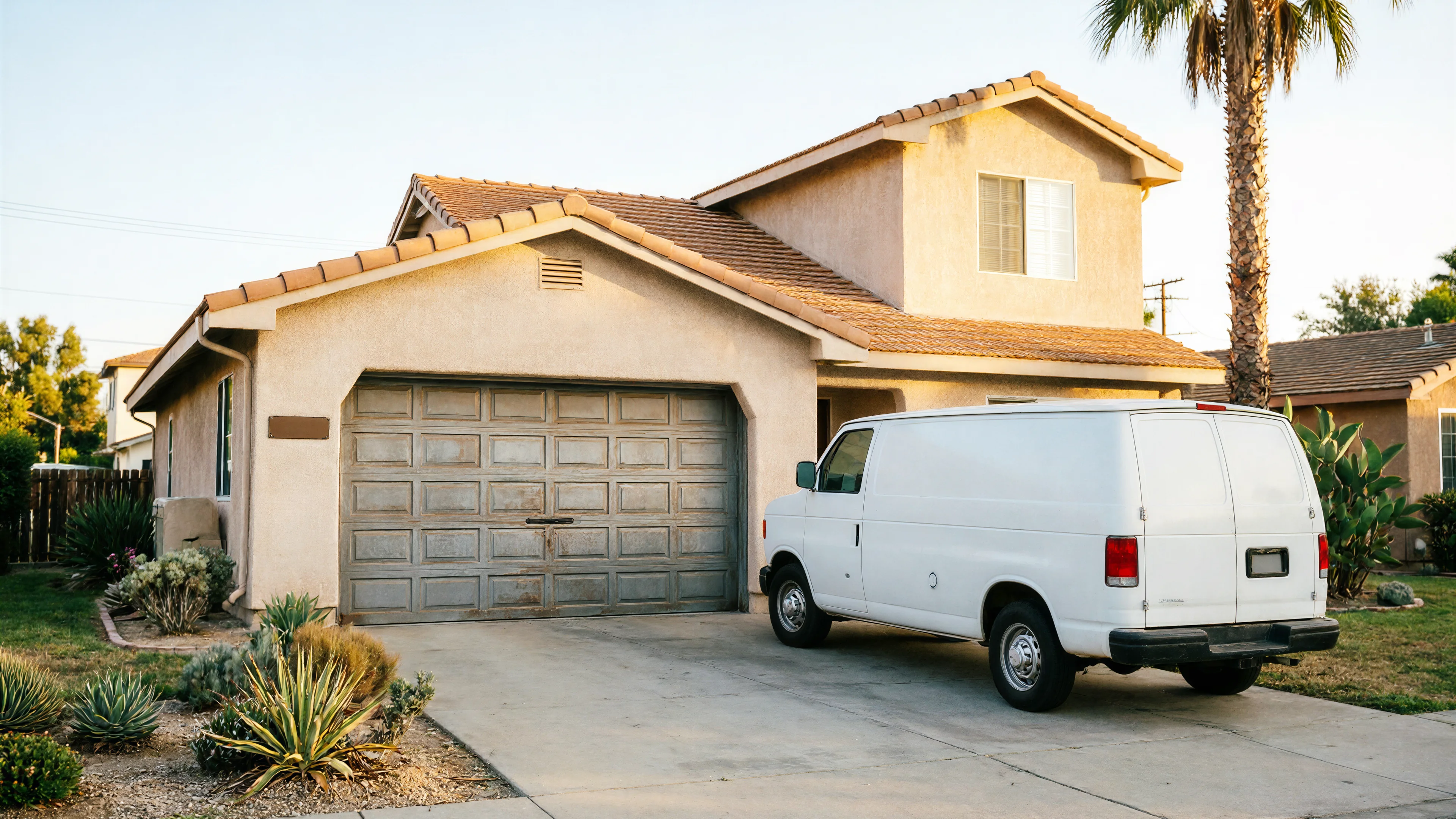 A white van is parked in the driveway of a house with a brown garage door.